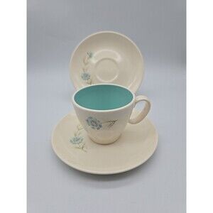 Taylor Smith  BOUTONNIERE Aqua Blue Floral  Coffee Cup & 2 Saucers NICE
